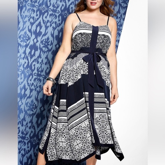 Lane Bryant Blue & White Floral Handkerchief Hem Maxi Dress 26 / 28 - Picture 1 of 12